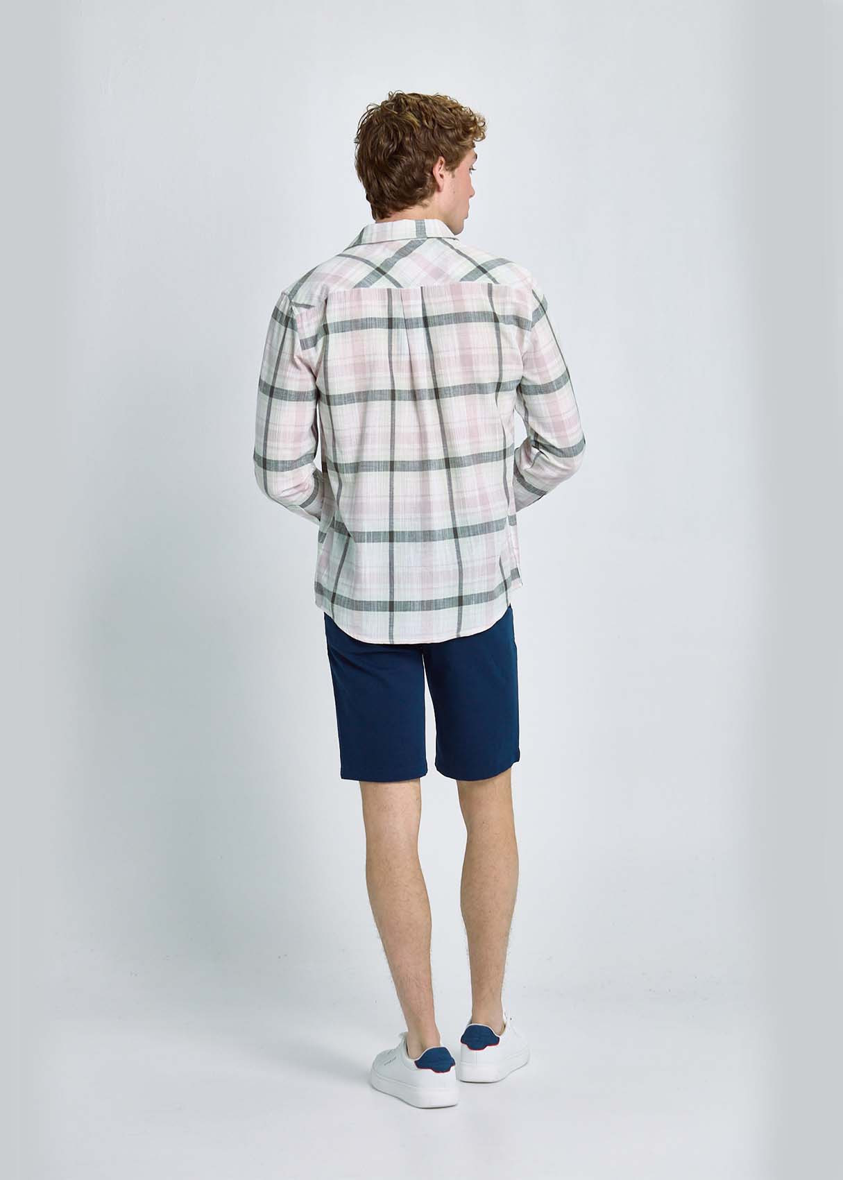 Camisa Cuadros Mezcla Lino Algodón Blanco