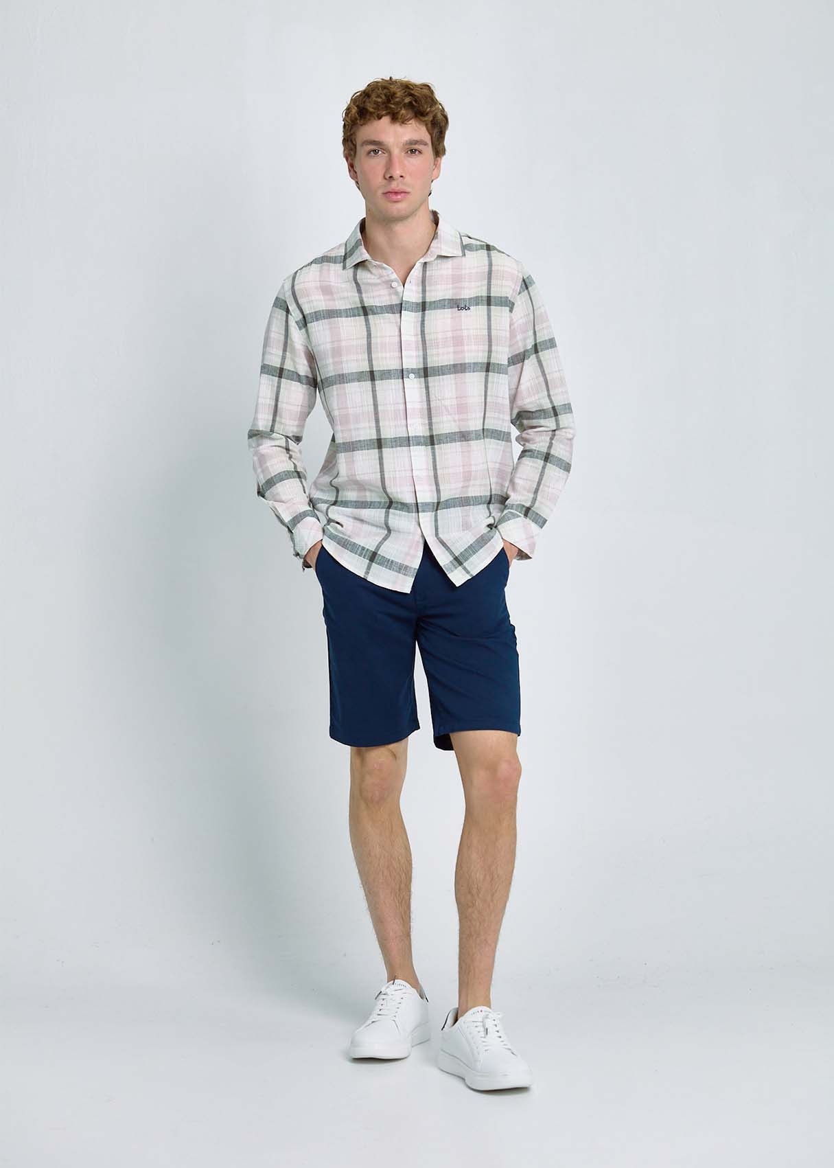 Camisa Cuadros Mezcla Lino Algodón Blanco