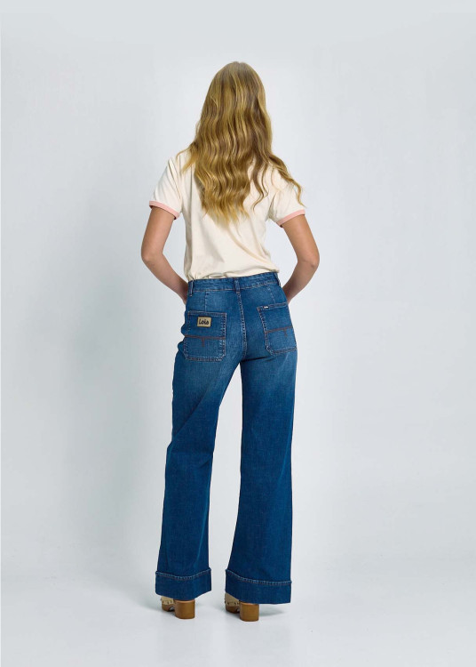 Jeans Wide Leg Tiro Medio Lavado Azul