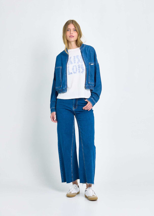 Jeans Wide Leg Crop Corte Ancho Lavado Stone Azul