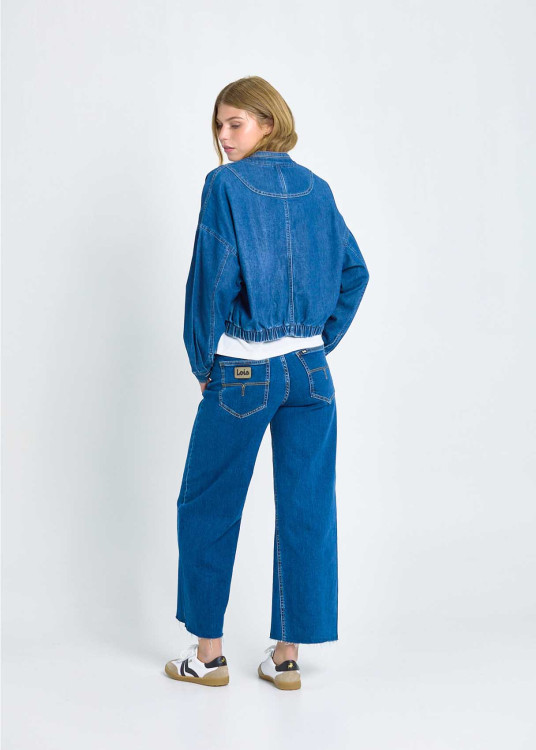 Jeans Wide Leg Crop De Corte Ancho Con Lavado Stone Azul