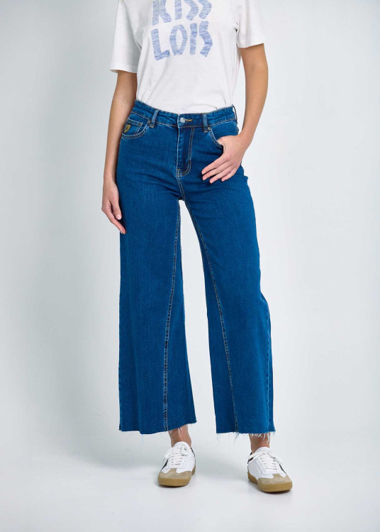Jeans Wide Leg Crop Corte Ancho Lavado Stone Azul