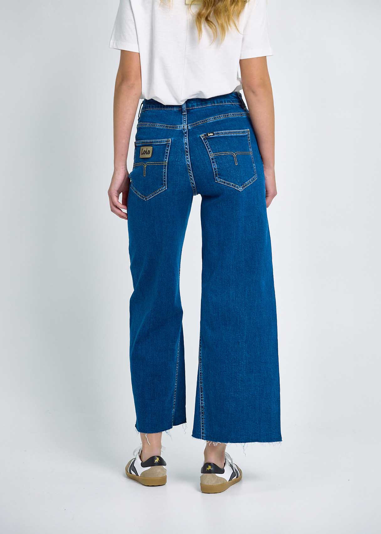 Jeans Wide Leg Crop Corte Ancho Lavado Stone Azul