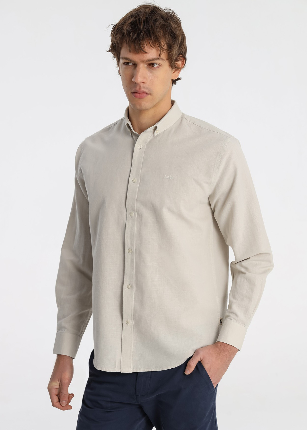 Camisa Mezcla Premium Lino Color Beige