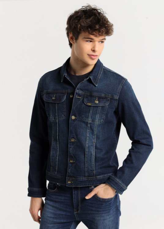 Cazadora Denim básica efecto desgastado azul oscuro