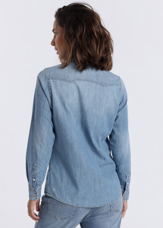 Camisa Denim manga larga bolsillos azul claro