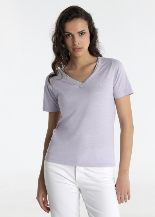 Camiseta Manga Corta Doble Cuello Pico Rib morada LILY ASEES