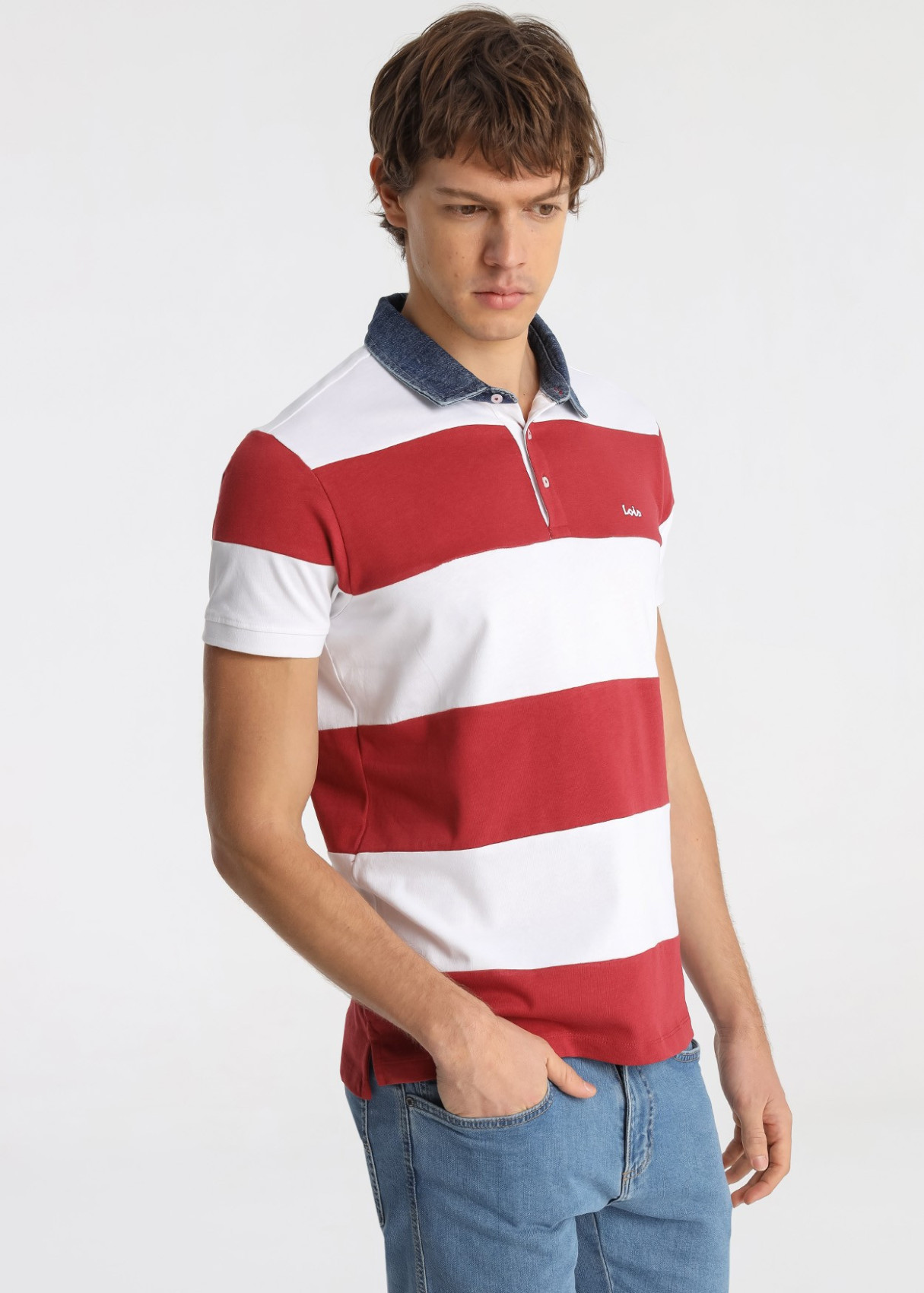Polo Rayas Cuello Tejido Denim Auténtico Rojo