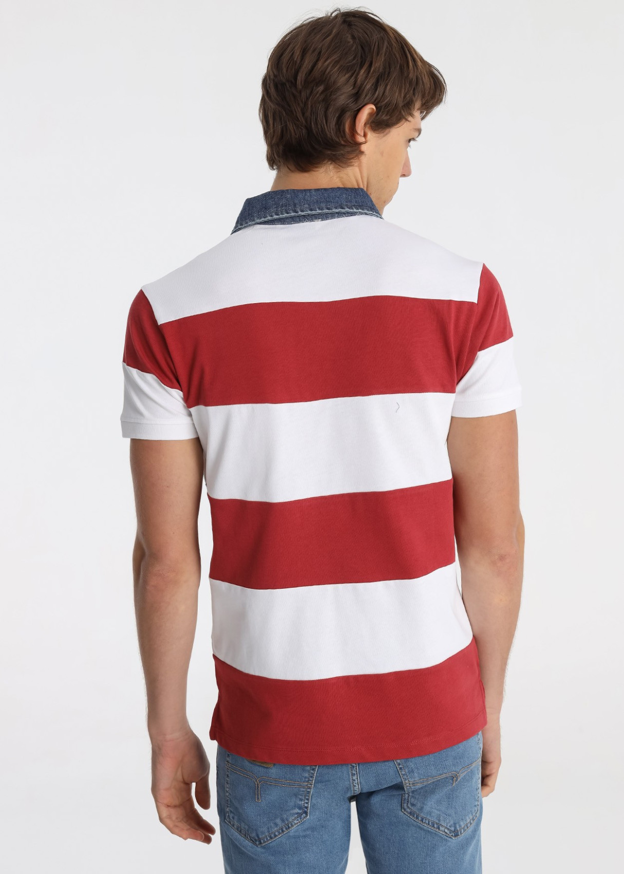 Polo Rayas Cuello Tejido Denim Auténtico Rojo