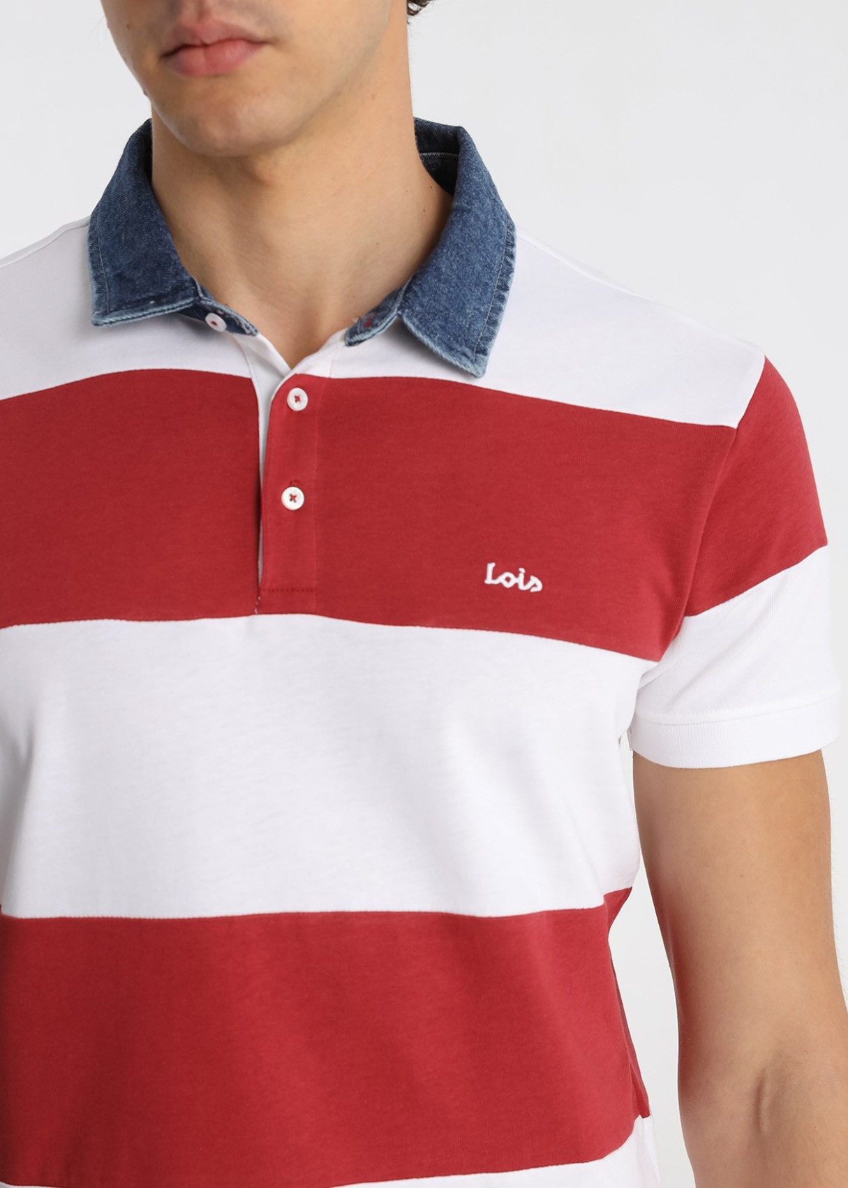 Polo Rayas Cuello Tejido Denim Auténtico Rojo