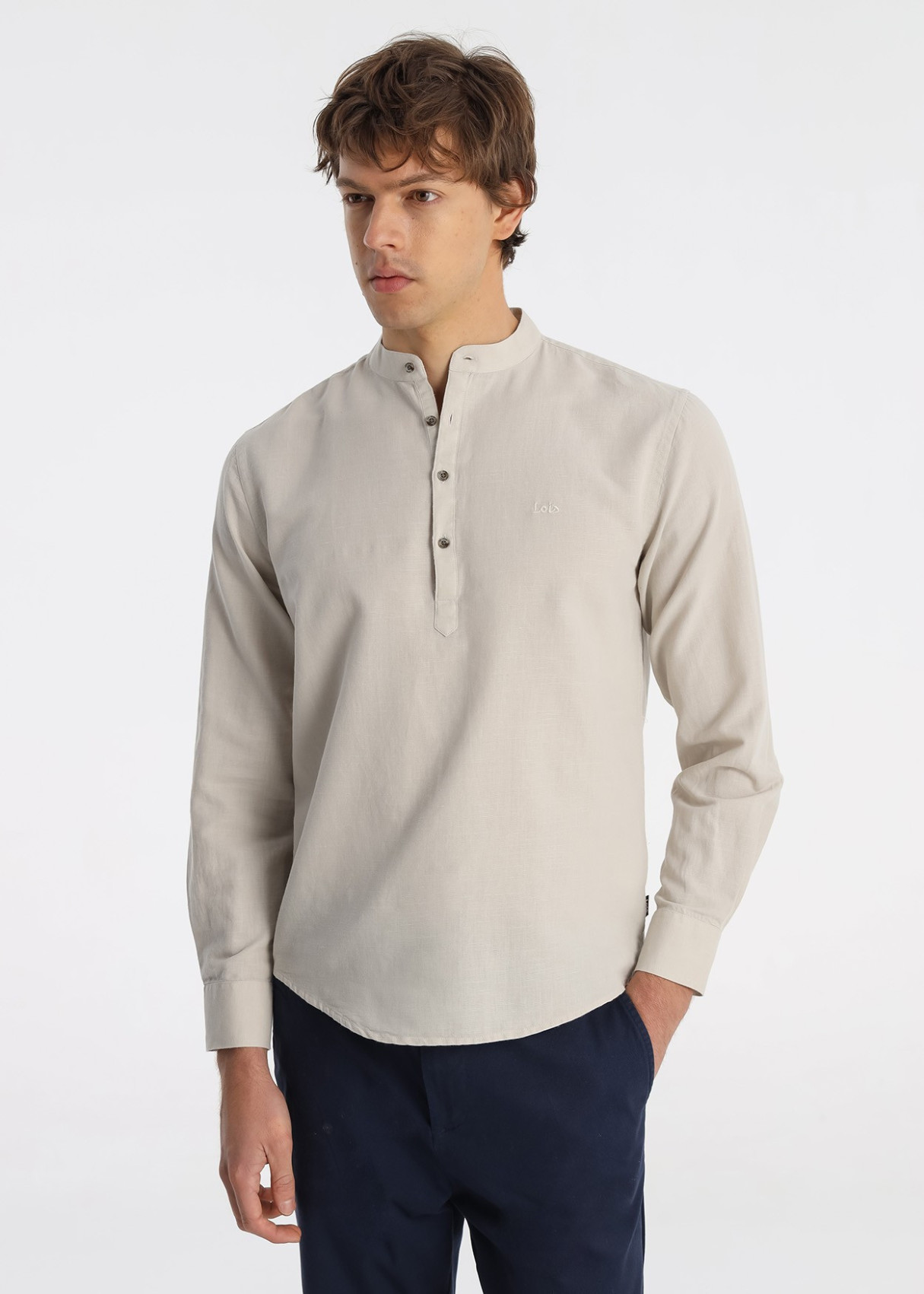 Camisa Cuello Mao Algodón Suave Tono Beige