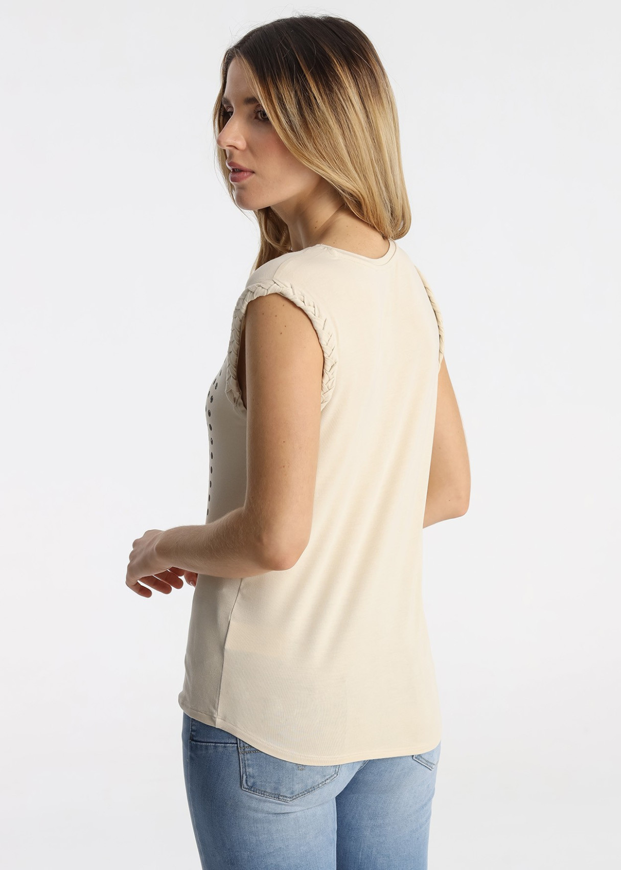 Camiseta Sin Mangas Trenzado Estampado Bandana Beige