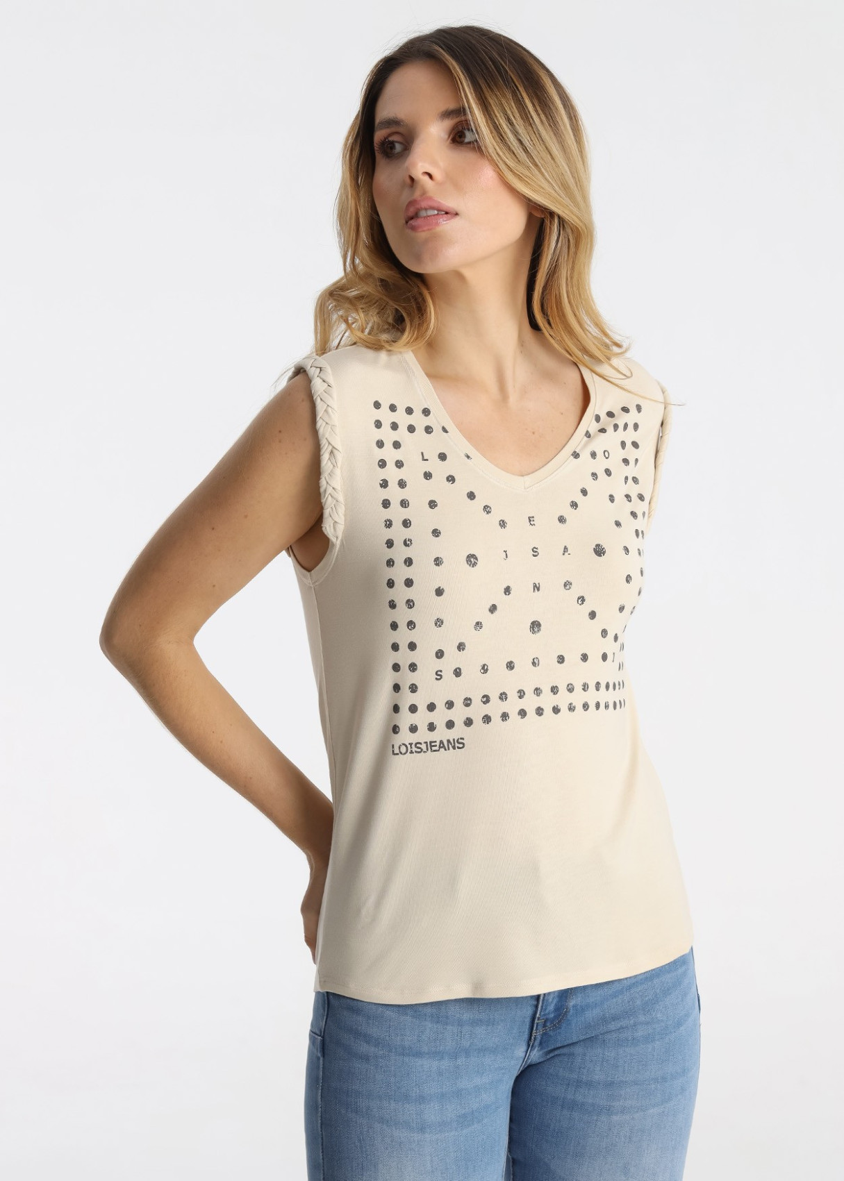 Camiseta Sin Mangas Trenzado Estampado Bandana Beige
