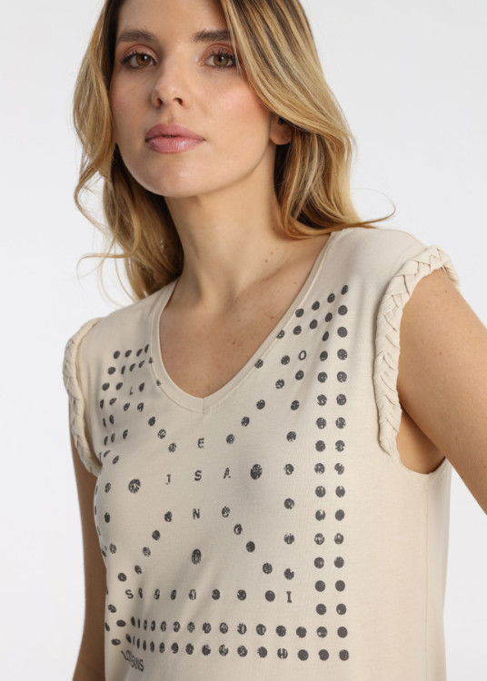 Camiseta Sin Mangas Trenzado Estampado Bandana Beige