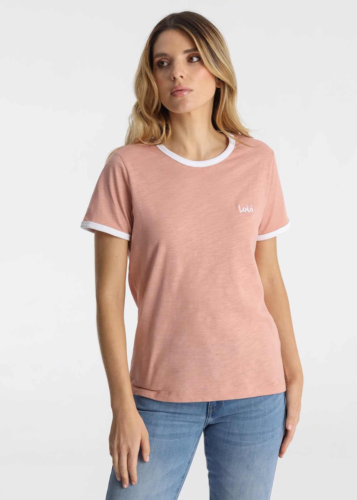 Camiseta Algodón Slub Bordado Logotipo Rosa