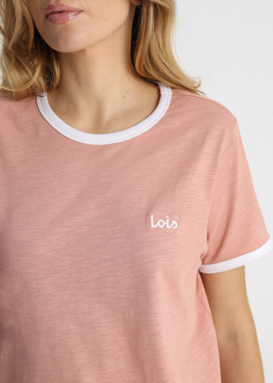 Camiseta Algodón Slub Bordado Logotipo Rosa