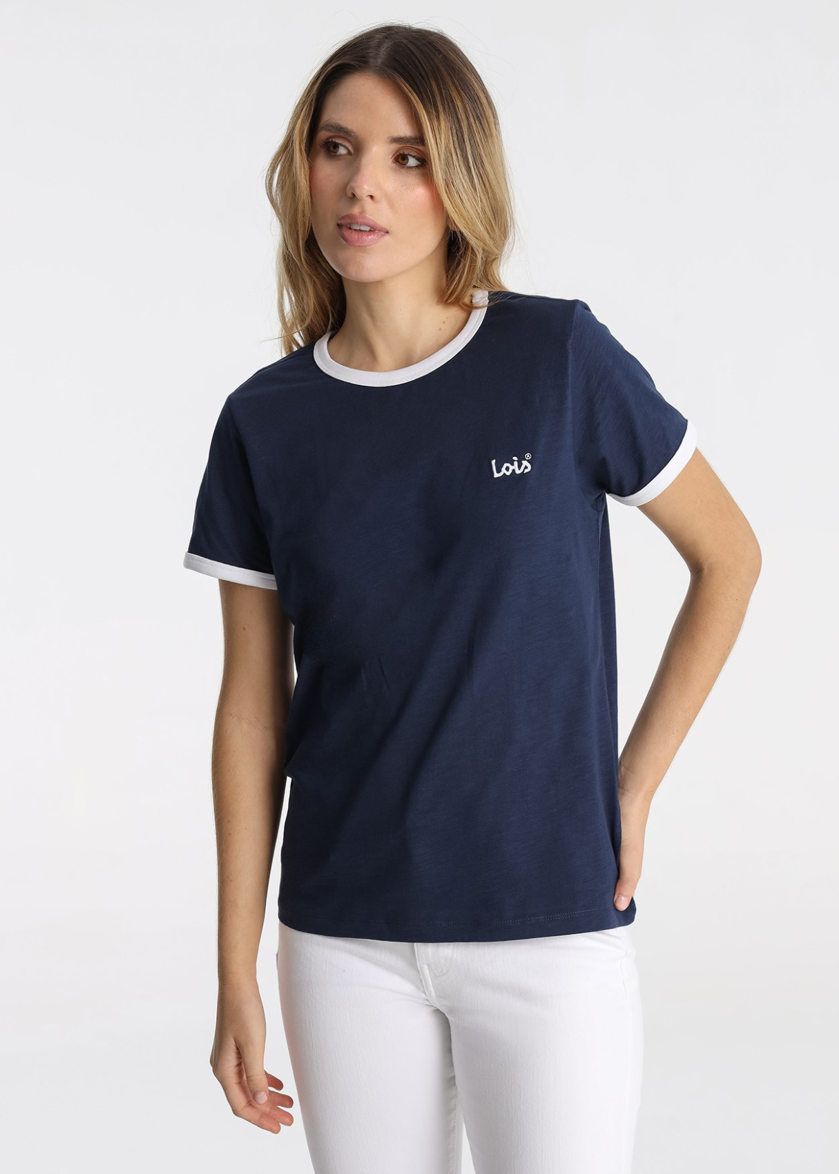 Camiseta Algodón Slub Bordado Logotipo Azul
