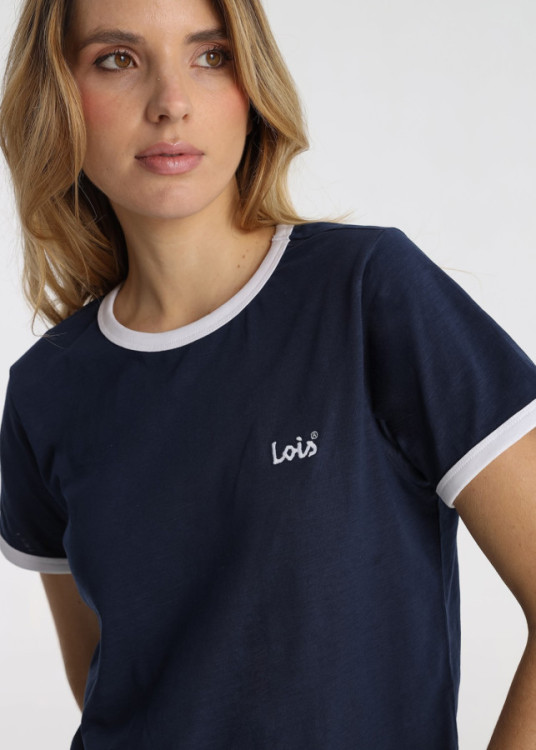 Camiseta Algodón Slub Bordado Logotipo Azul