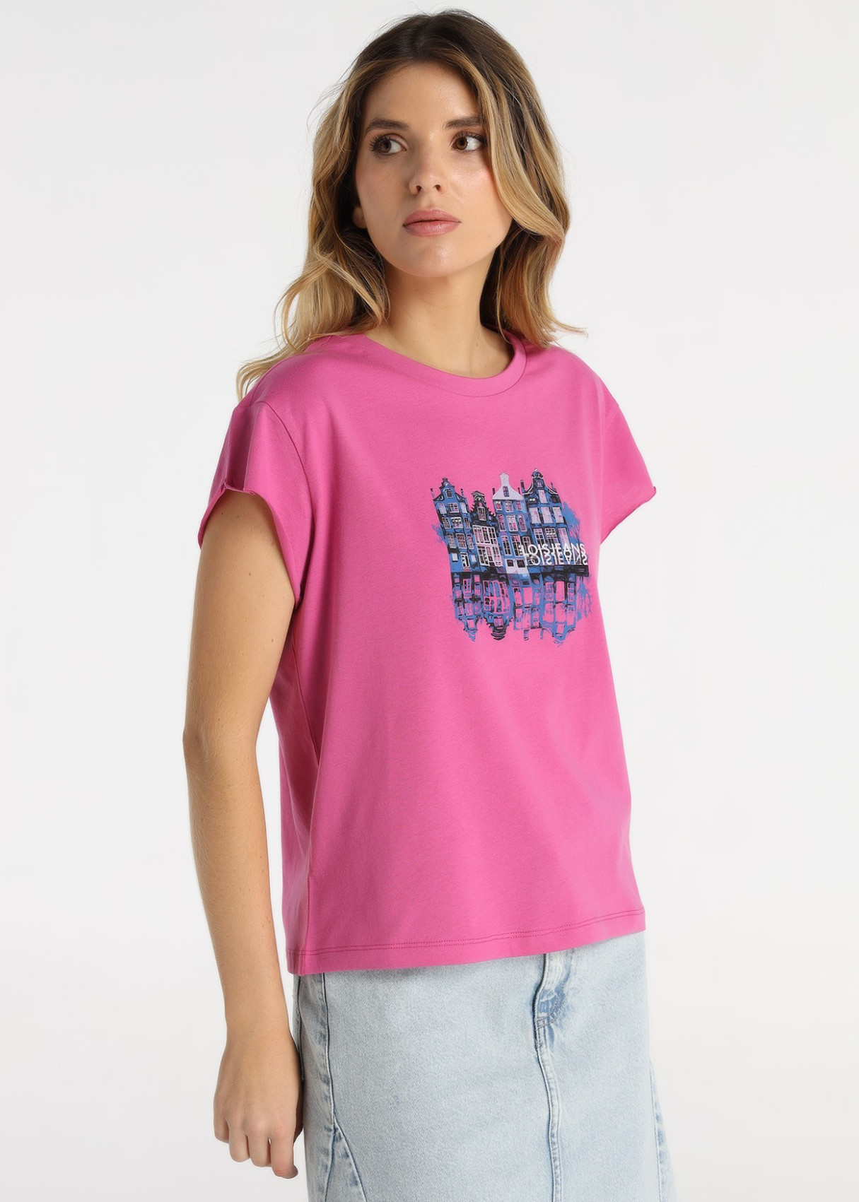 Camiseta Gráfica Casas Detalle Strass Rosa