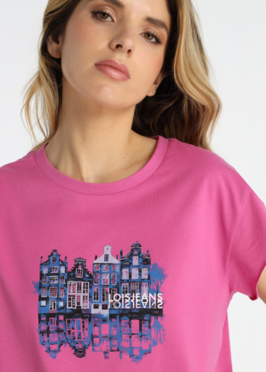 Camiseta Gráfica Casas Detalle Strass Rosa