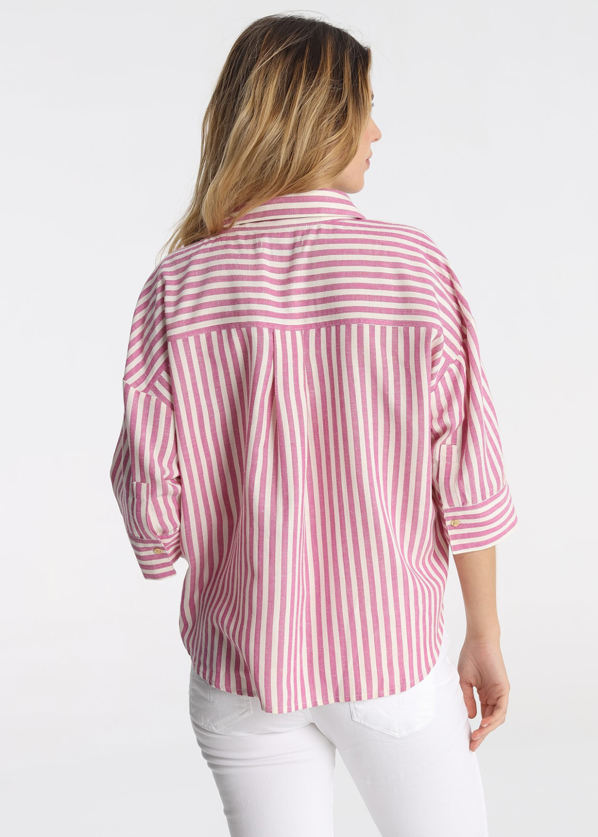 Blusa Rayas Cierre Botones Nudo Frontal Rosa