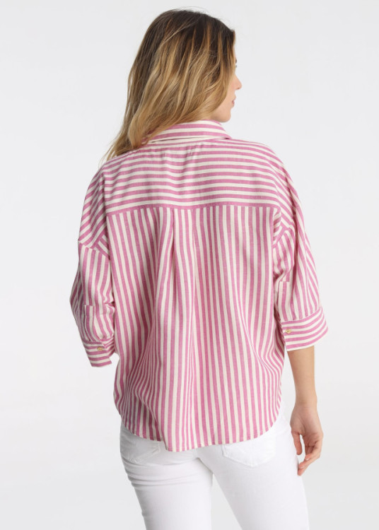 Blusa Rayas Cierre Botones Nudo Frontal Rosa