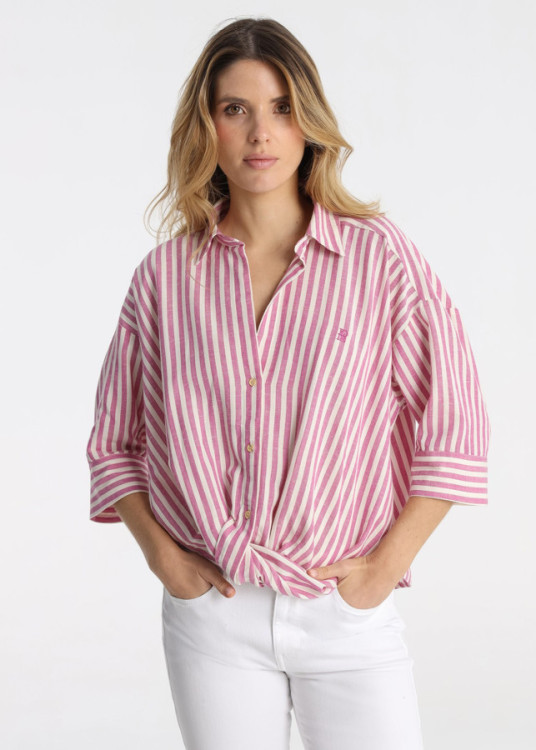 Blusa Rayas Cierre Botones Nudo Frontal Rosa
