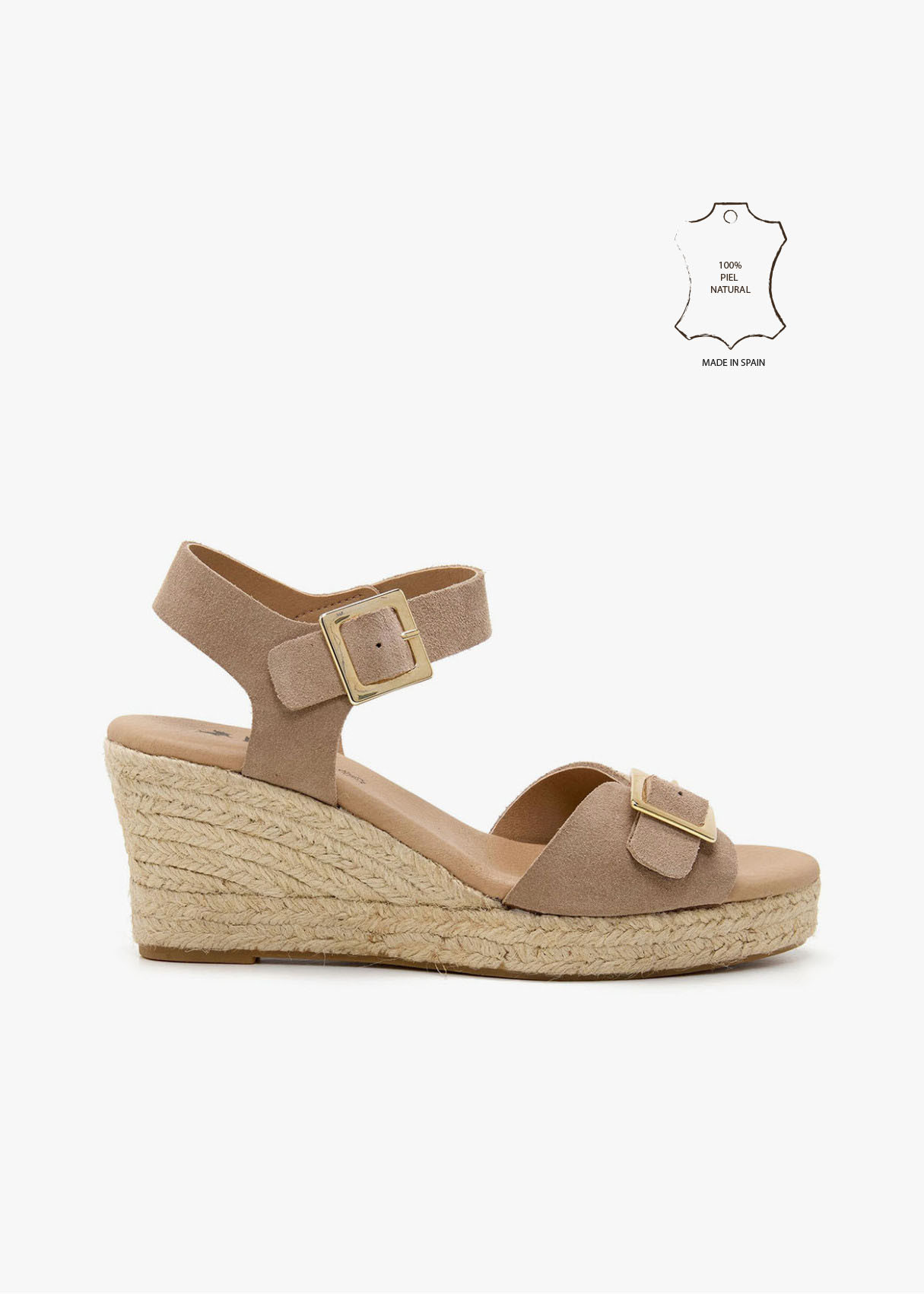 Sandalias cuña yute de piel doble hebilla beige