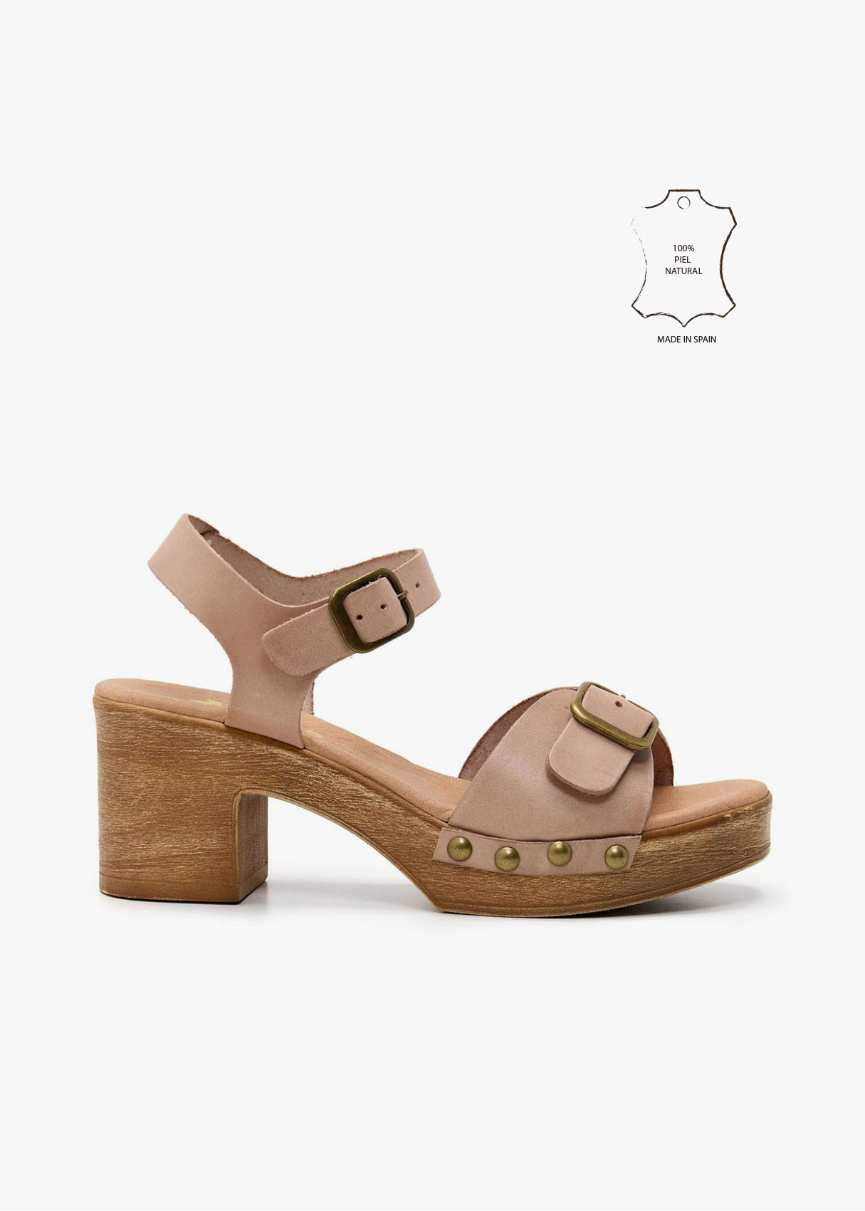 Sandalias tacón de piel vacuna doble hebilla beige