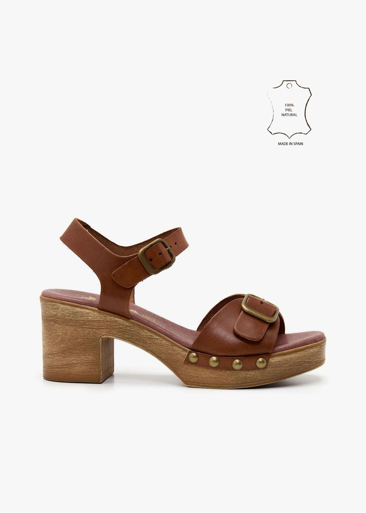 Sandalias tacón de piel vacuna doble hebilla marrón