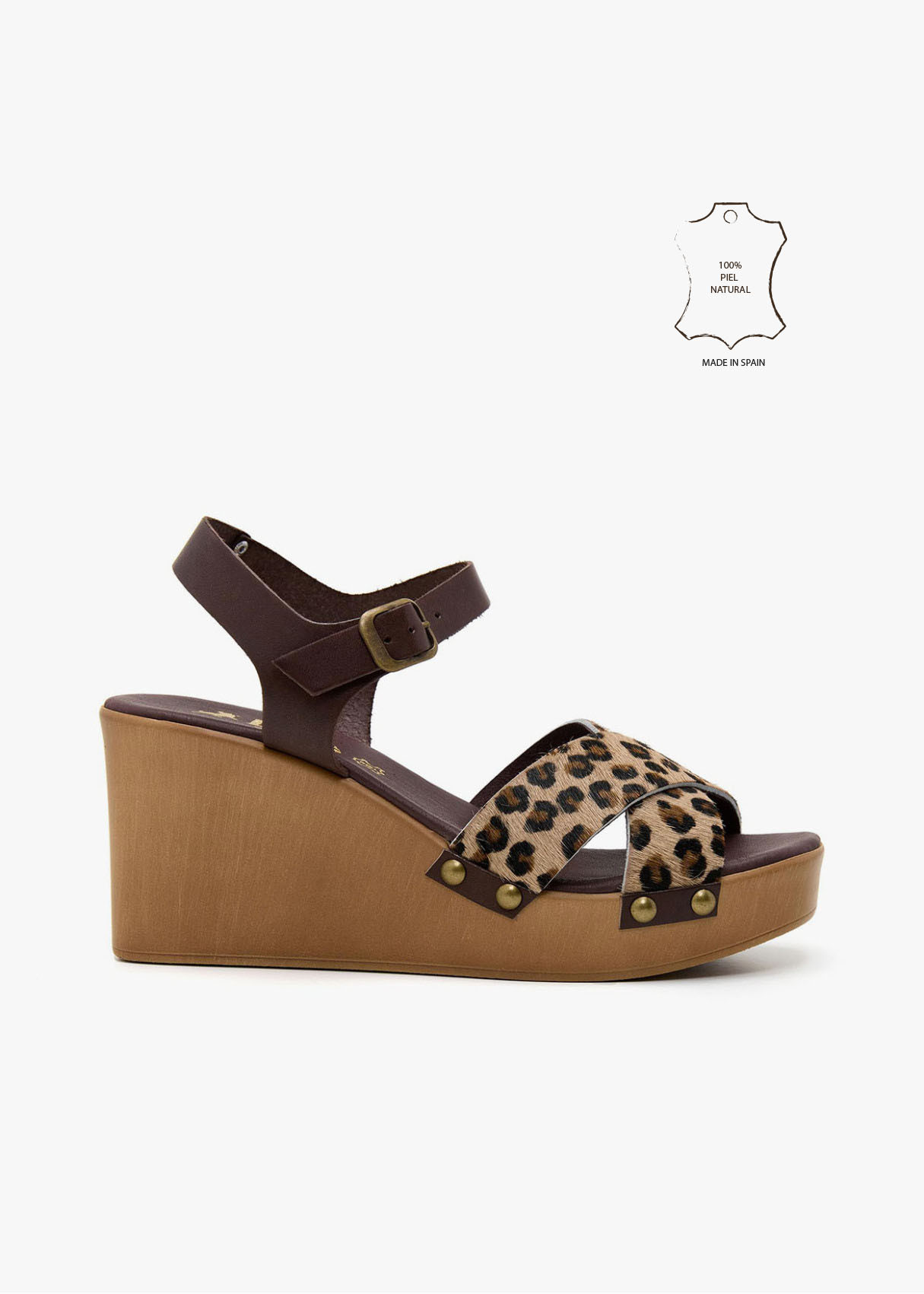 Sandalias de plataforma con piel vacuno estampado cierre hebilla marrón
