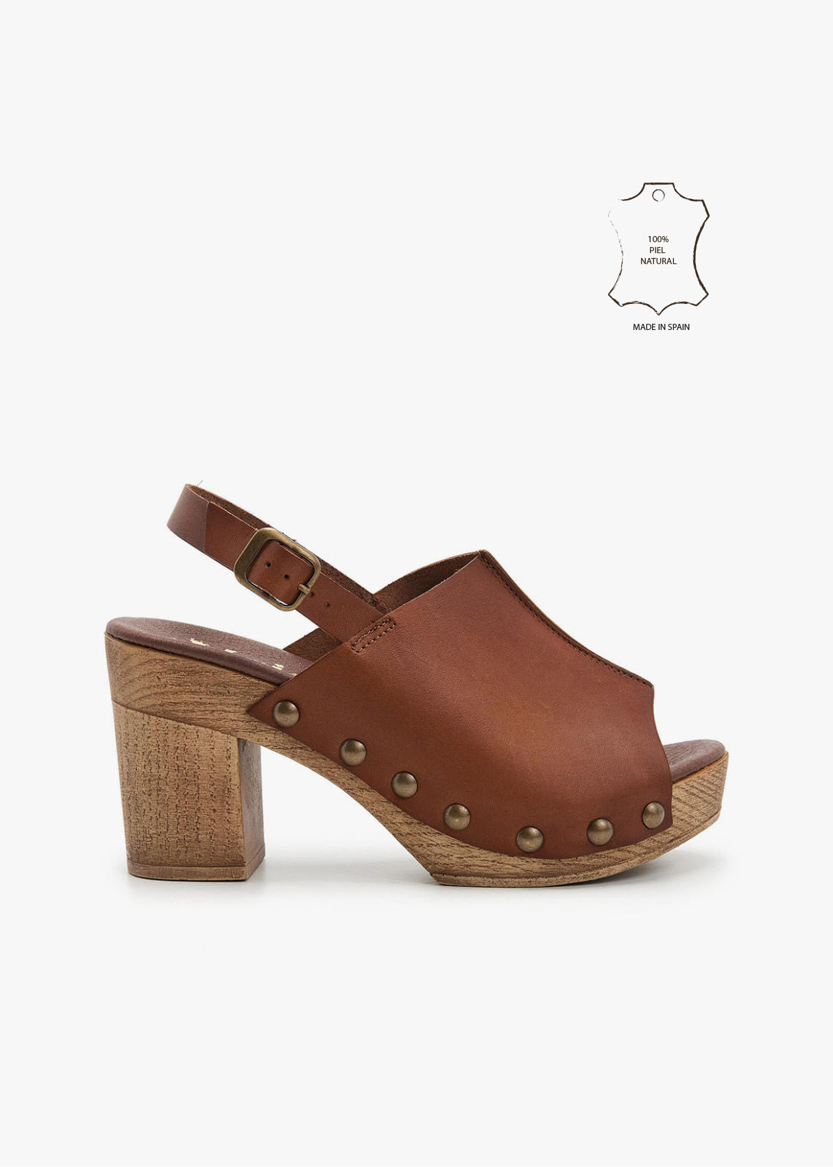 Sandalias piel zueco tacón madera tira al talón marrón