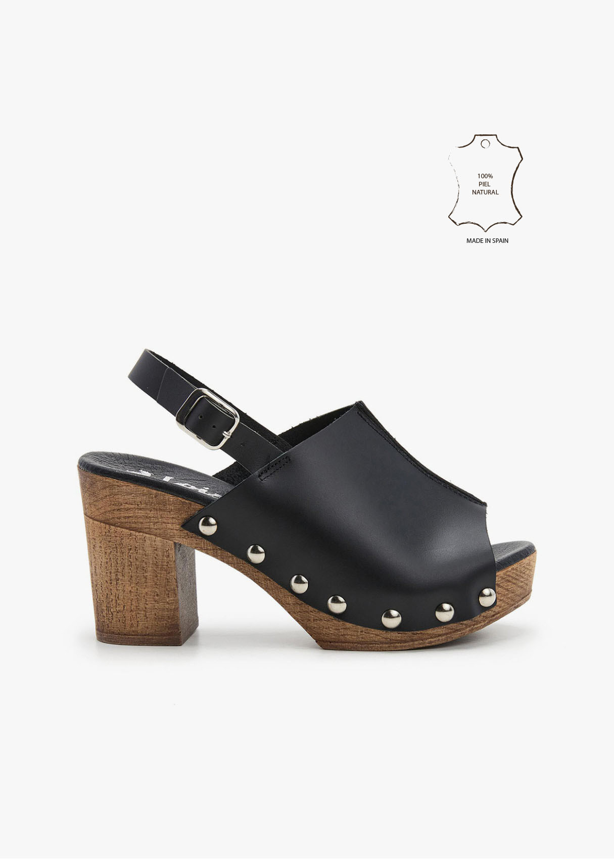 Sandalias piel zueco tacón madera negro