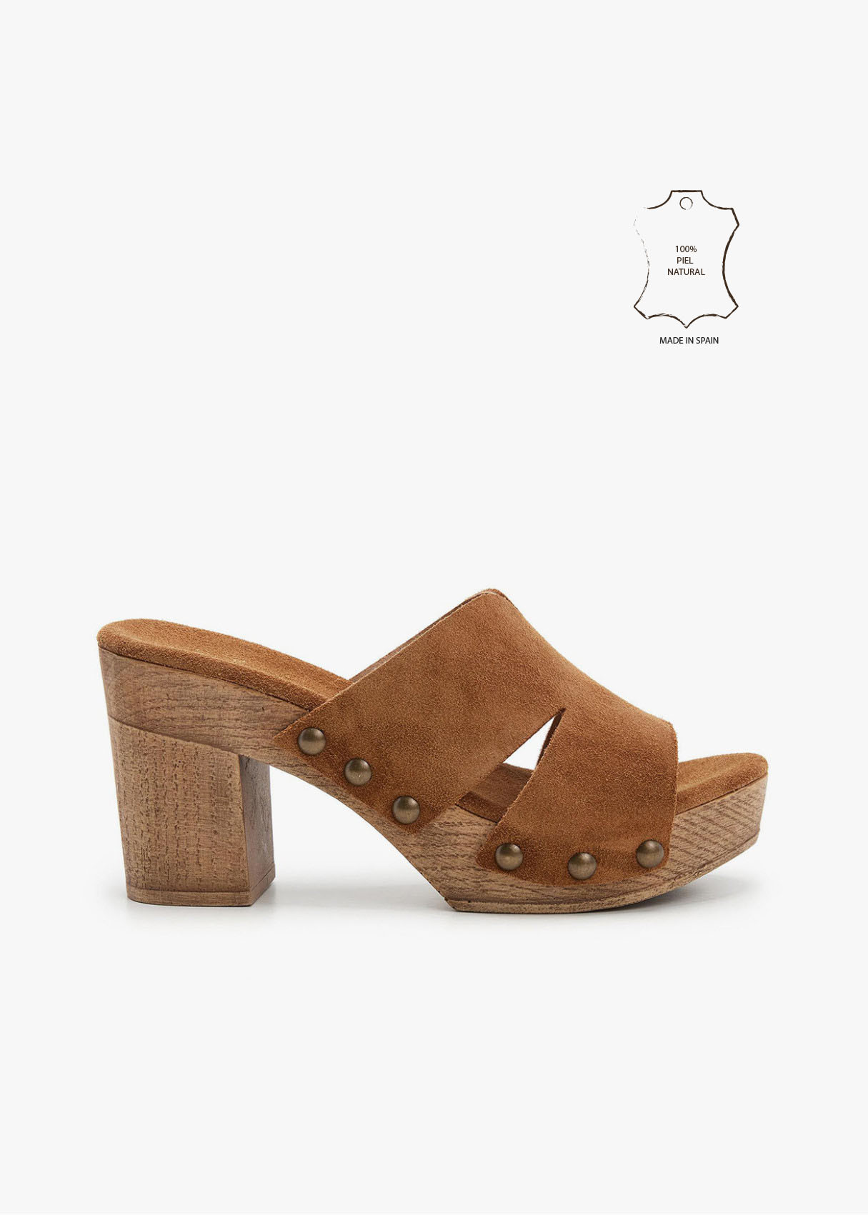 Sandalias piel zueco tacón madera marrón