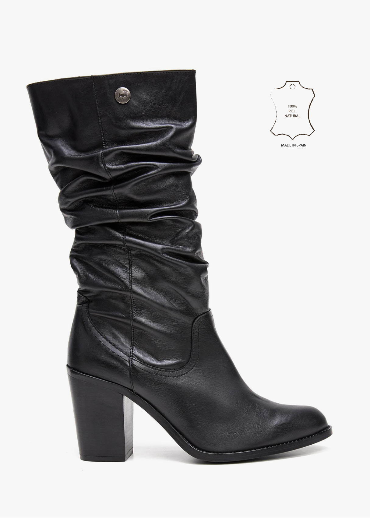 Botas Altas De Piel fruncido en caña negra