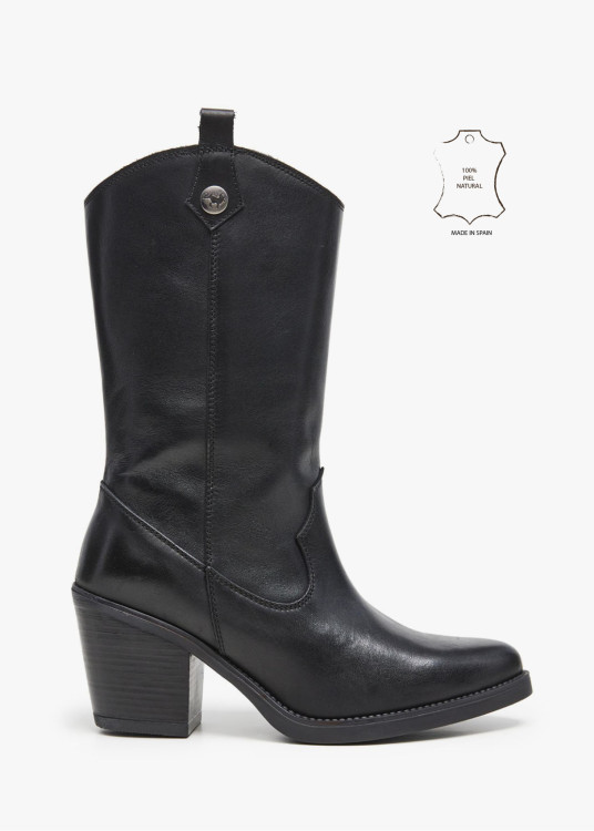 Botas Cowboy piel tacón alto negro