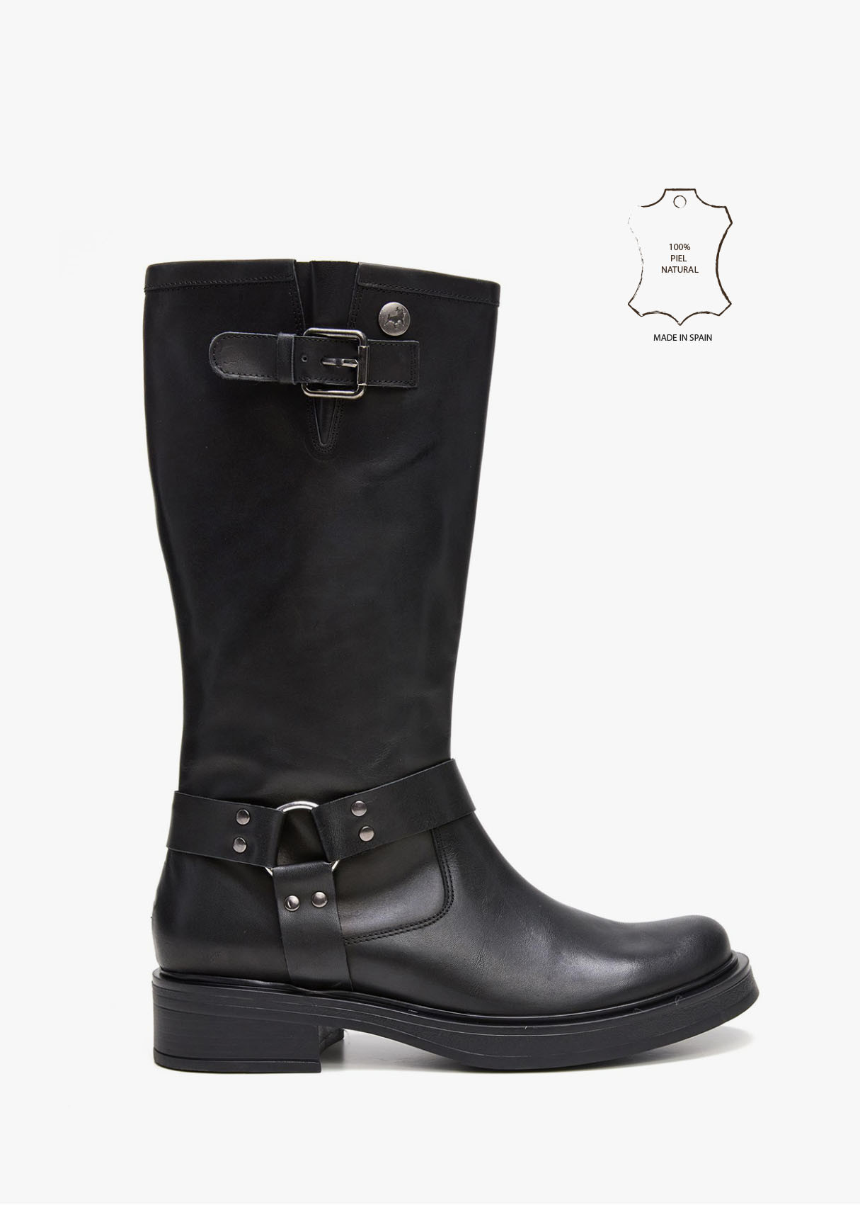 Botas Altas De Piel estilo motera negra