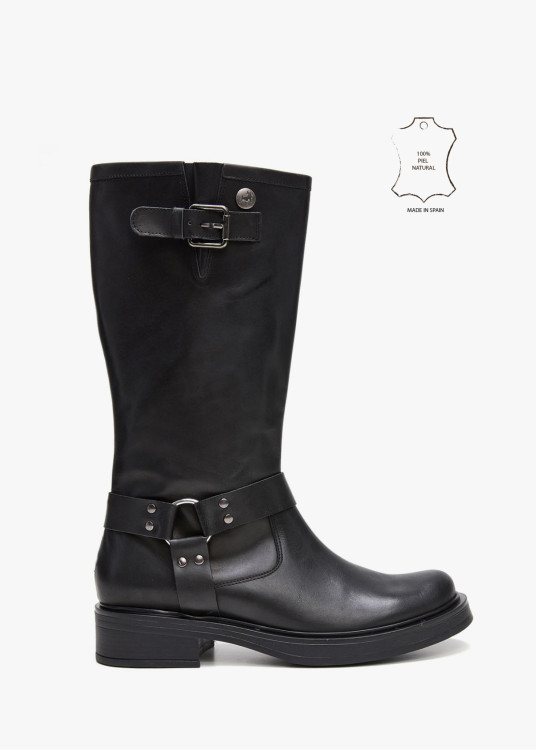 Botas Altas De Piel estilo motera negra