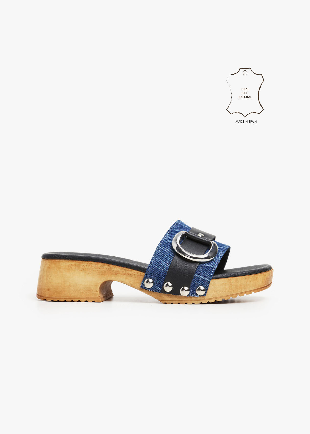 Sandalias combinadas en piel con hebilla en pala y detalles a contraste azul