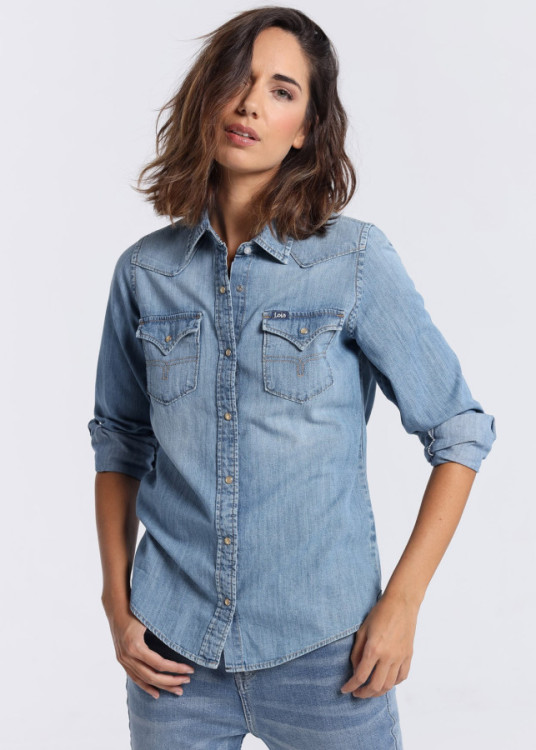 Camisa Denim manga larga bolsillos azul