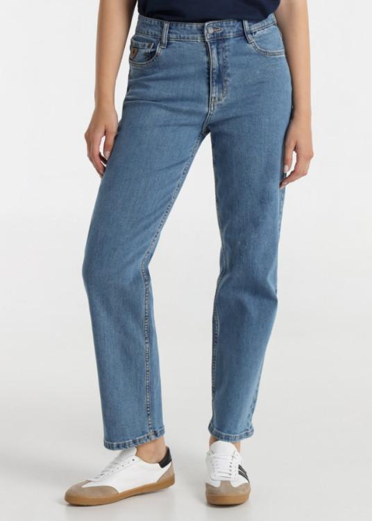 Jeans straight cintura media Con Doble Lavado Stone Wash azul