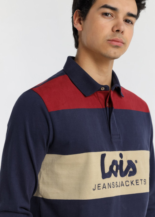 Polo Manga Larga Franjas Bordado logo rojo