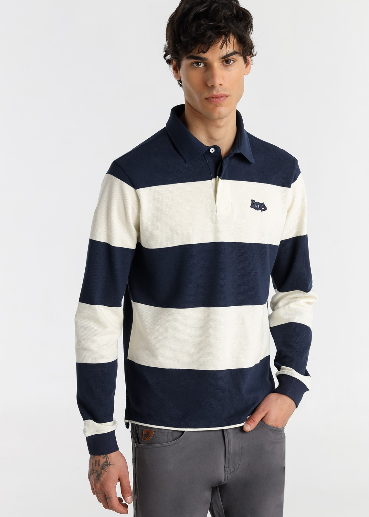 Polo Manga Larga franjas azul