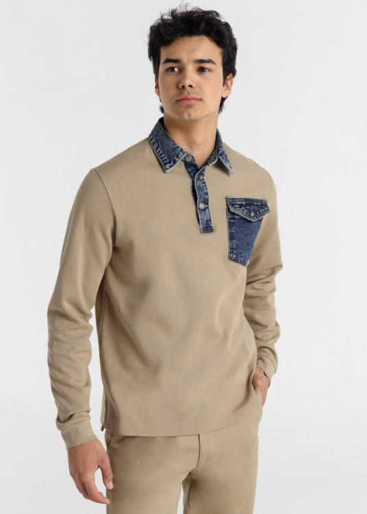 Polo Manga Larga Bolsillo y cuello Denim Jeans beige