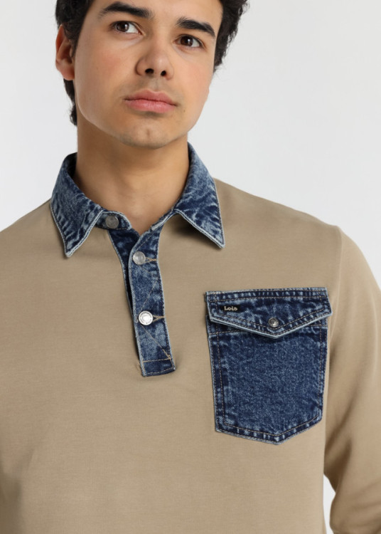 Polo Manga Larga Bolsillo y cuello Denim Jeans beige