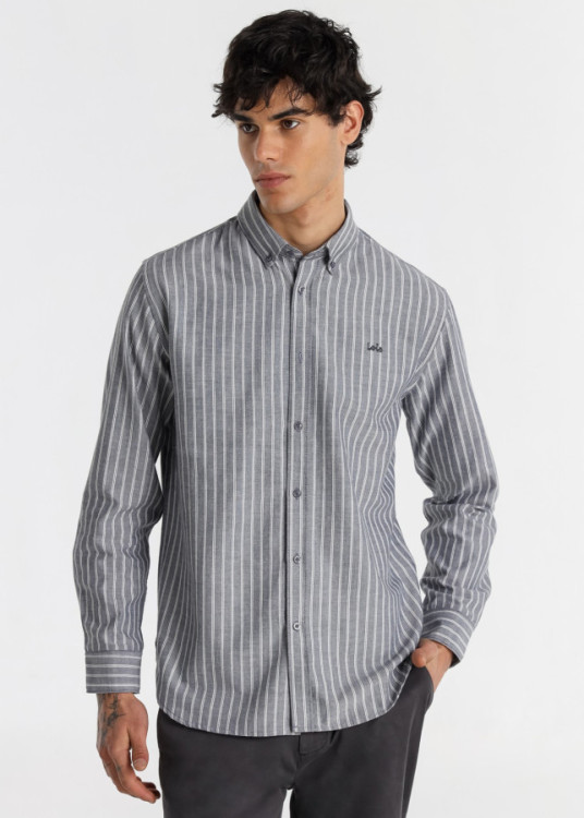 Camisa Manga Larga Oxford Rayas Logo Bordado azul