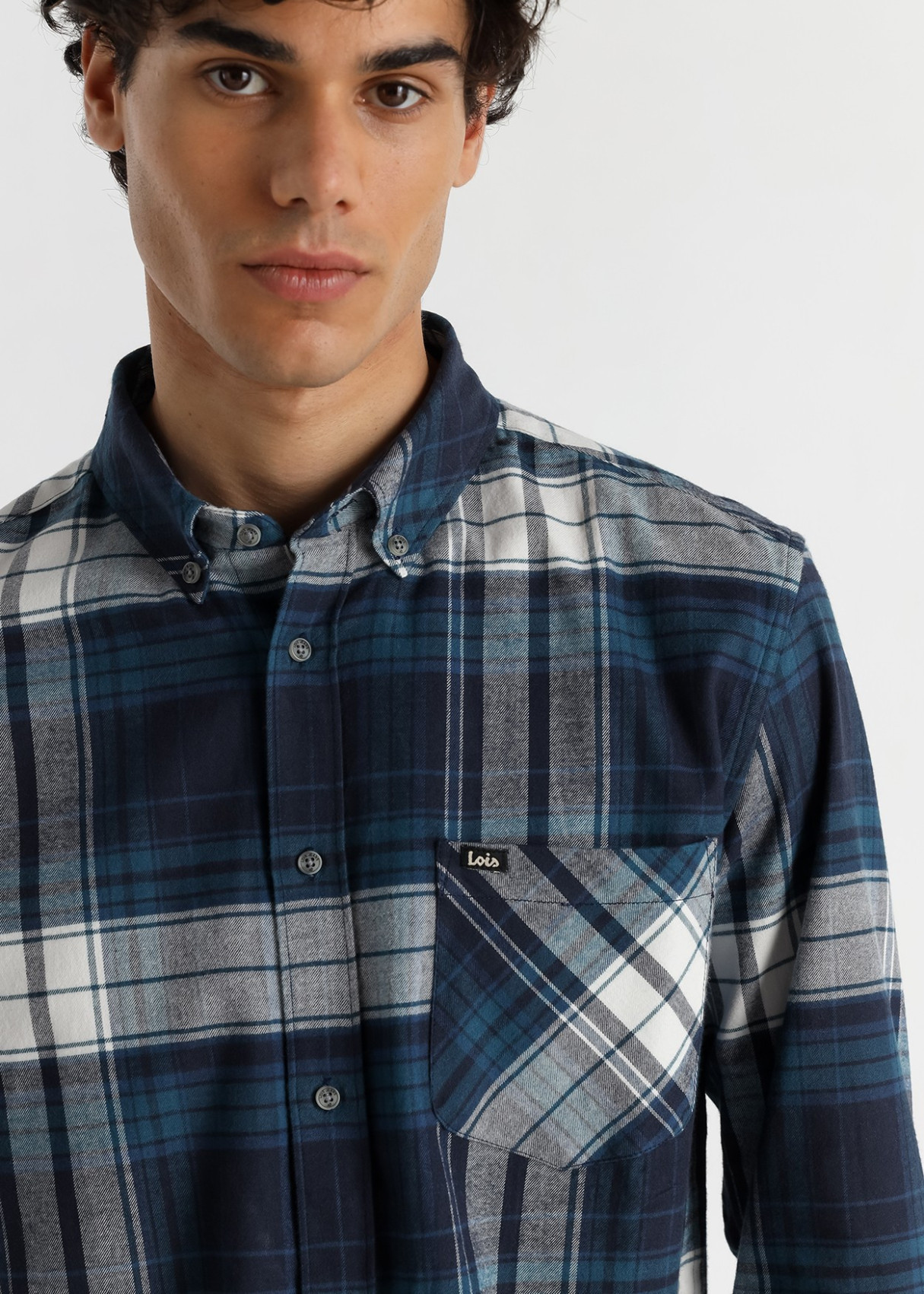 Camisa Manga Larga Franela Cuadros Bolsillo azul