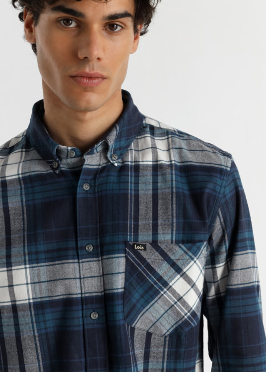 Camisa Manga Larga Franela Cuadros Bolsillo azul