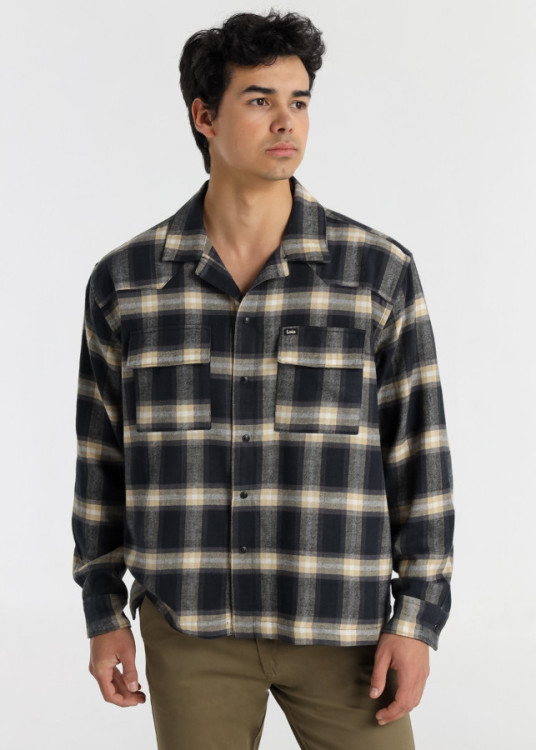 Camisa Manga Larga Franela Cuadros Con Bolsillo azul