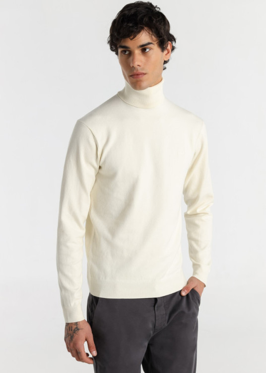 Jersey Cuello Cisne Punto Básico logo Bordado Jeans beige